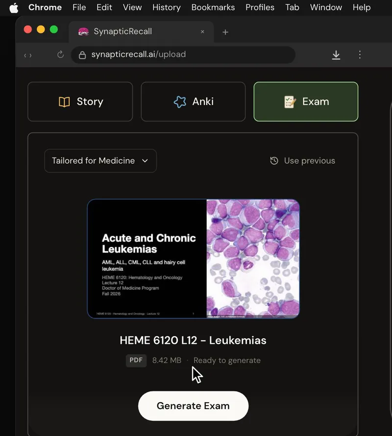 The upload page tailored for Medicine, with a lecture PDF dropped in and the Exam selected