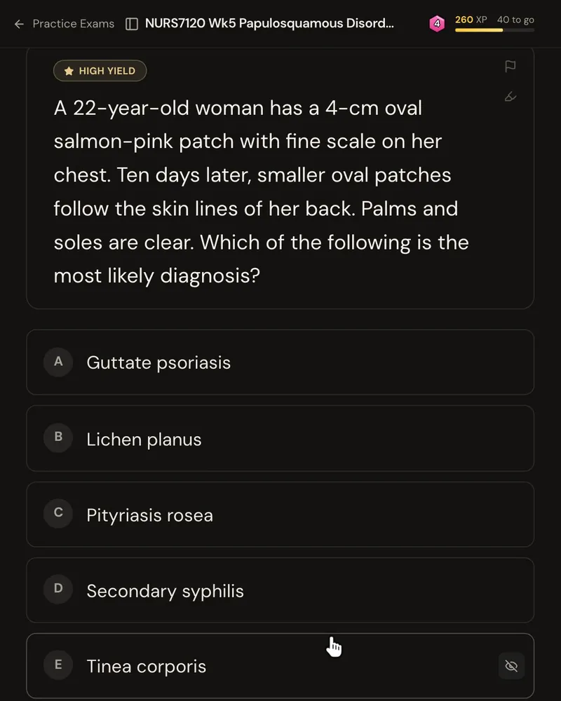 An AANP-style question from a nurse practitioner program’s dermatology lecture: a 22-year-old woman has a 4-cm oval salmon-pink patch with fine scale on her chest and, ten days later, smaller oval patches along the skin lines of her back, asking for the most likely diagnosis, with five answer options
