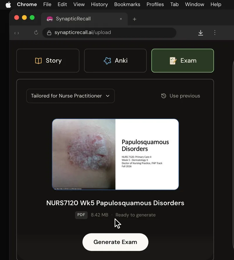 The upload page tailored for Nurse Practitioner, with a lecture PDF dropped in and the Exam selected