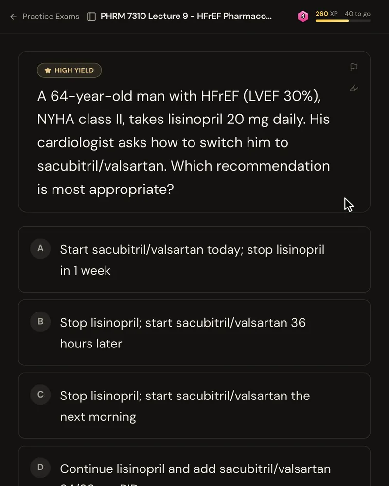 A NAPLEX-style question about switching a patient with heart failure from lisinopril to sacubitril/valsartan, with five answer options