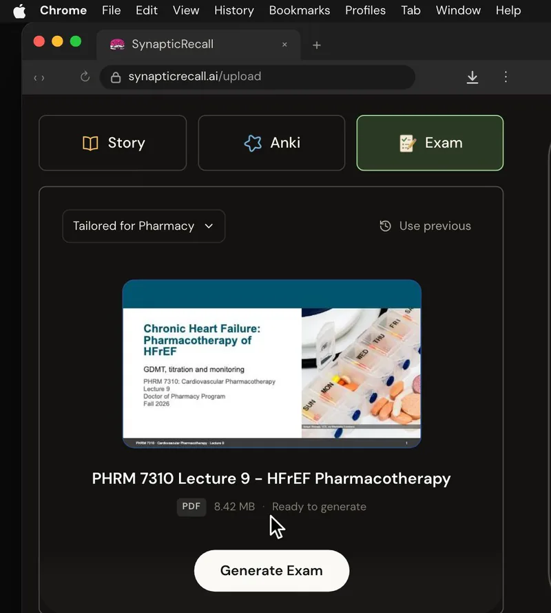 The upload page tailored for Pharmacy, with a lecture PDF dropped in and the Exam selected