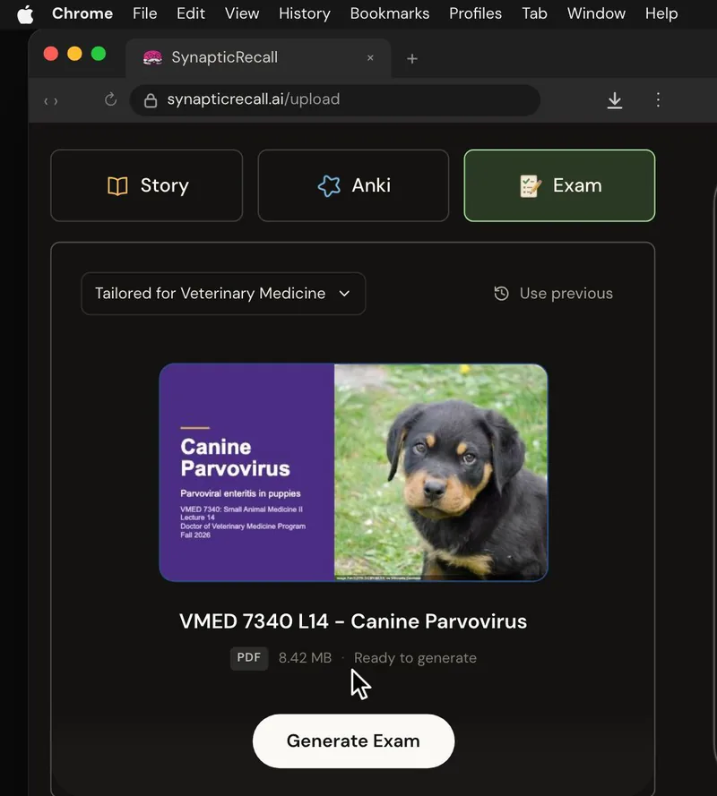 The upload page tailored for Veterinary Medicine, with a lecture PDF dropped in and the Exam selected