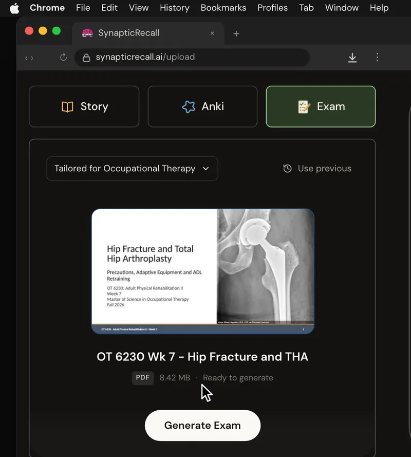 The upload page tailored for Occupational Therapy, with a lecture PDF dropped in and the Exam selected