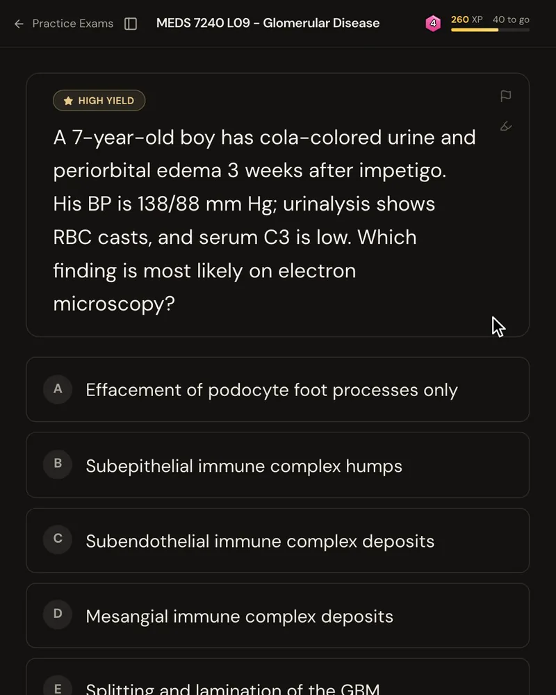 An NBME-style vignette about a 7-year-old with cola-colored urine after impetigo, asking for the electron microscopy finding, with five answer options