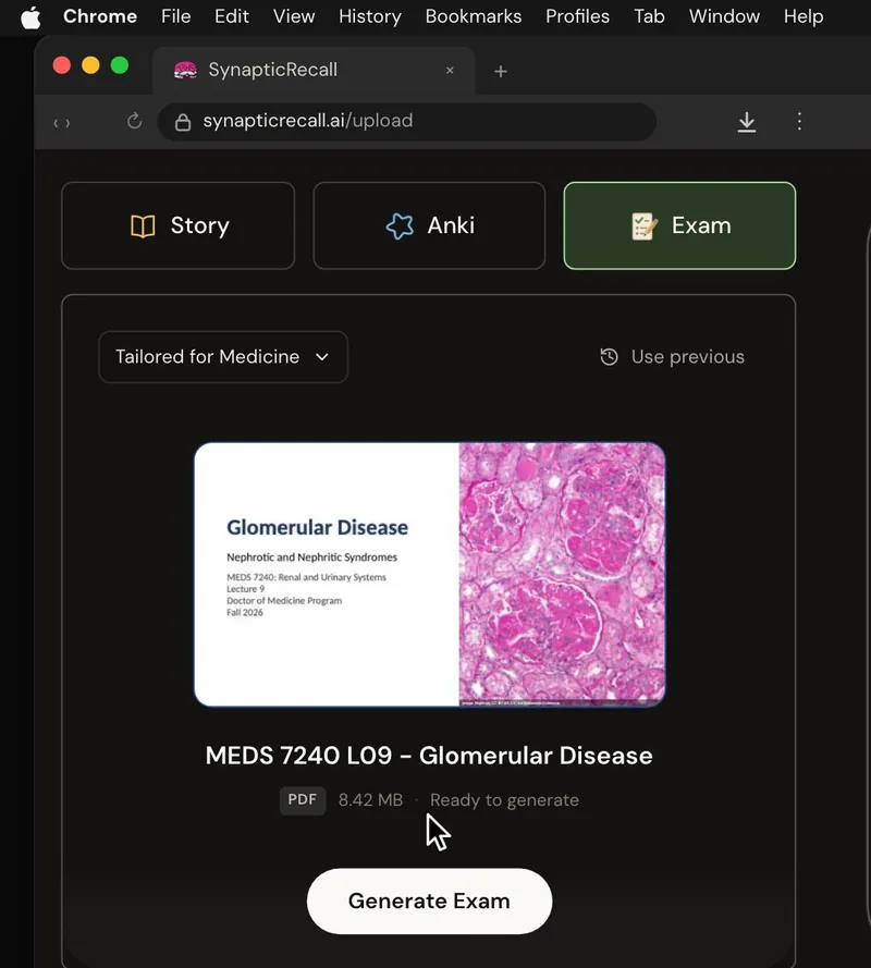 The upload page tailored for Medicine, with a lecture PDF dropped in and the Exam selected
