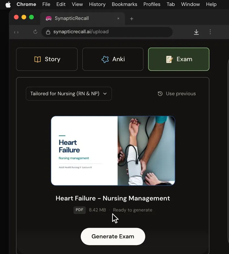 The upload page tailored for Nursing (RN & NP), with a lecture PDF dropped in and the Exam selected