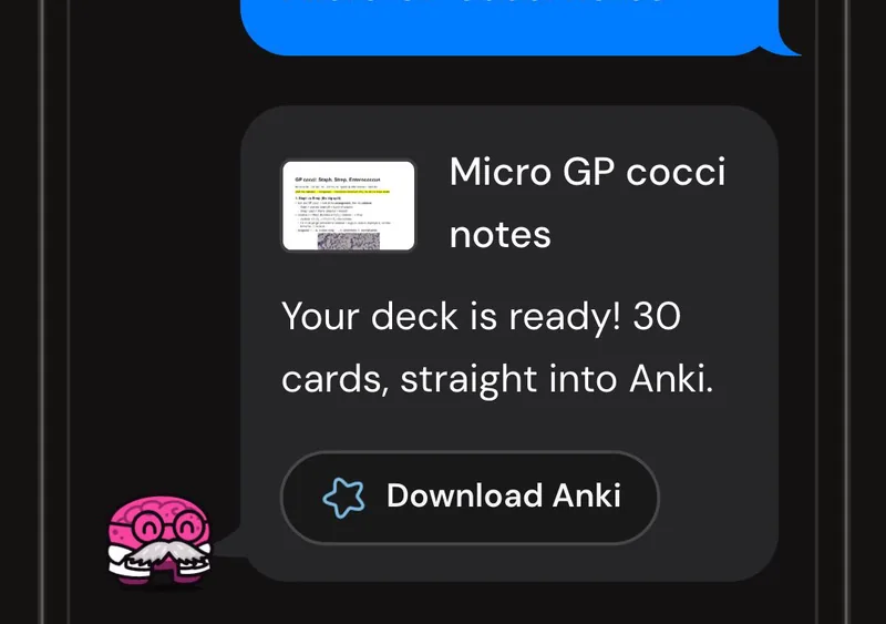 Dr. Synapse reporting a 30-card deck ready from one lecture, with a Download Anki button