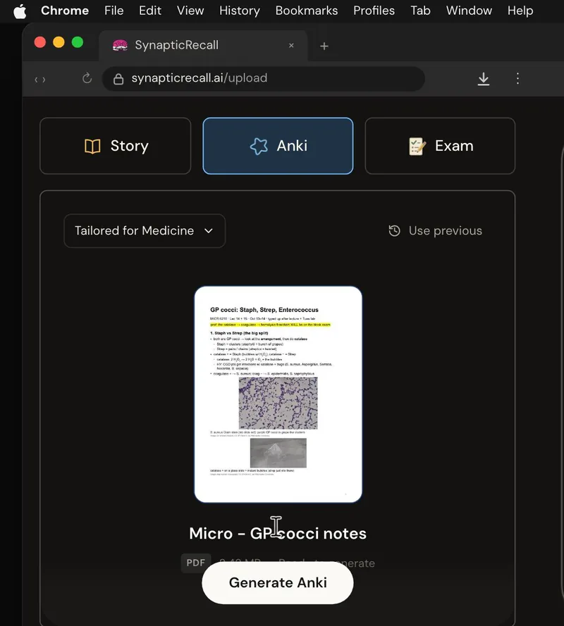 The upload page tailored for Medicine, with a lecture PDF dropped in and the Anki deck selected