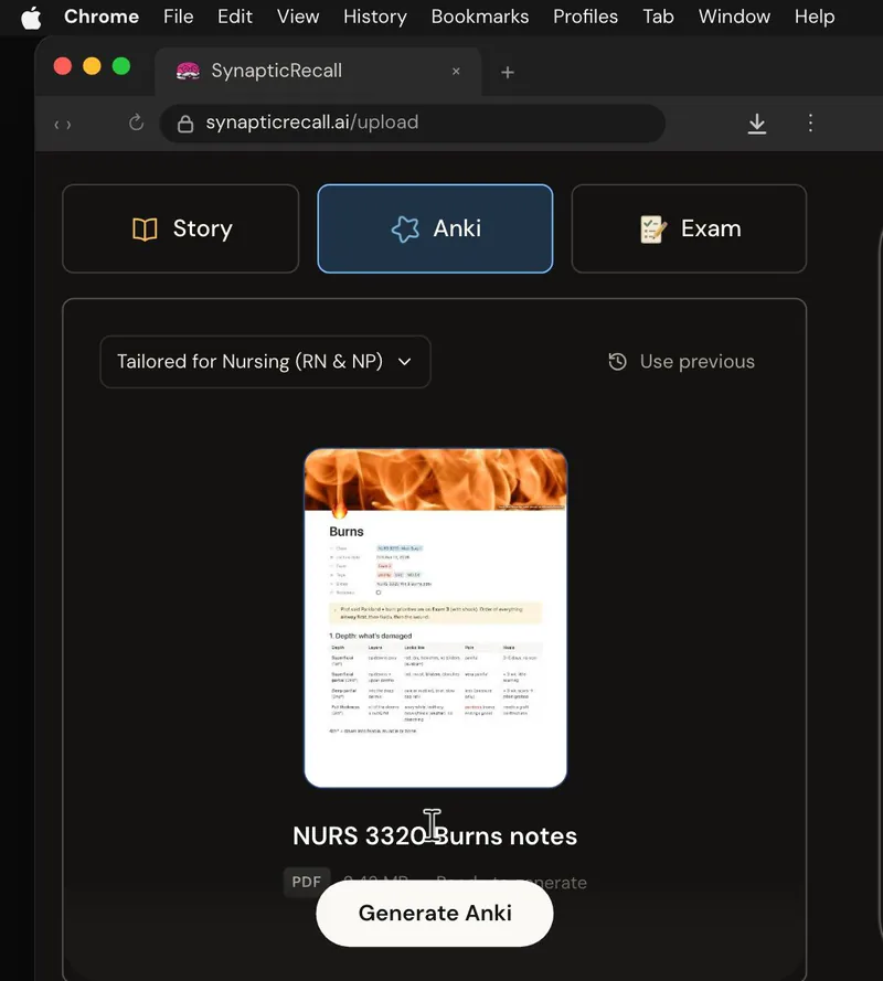 The upload page tailored for Nursing, with a lecture PDF dropped in and the Anki deck selected