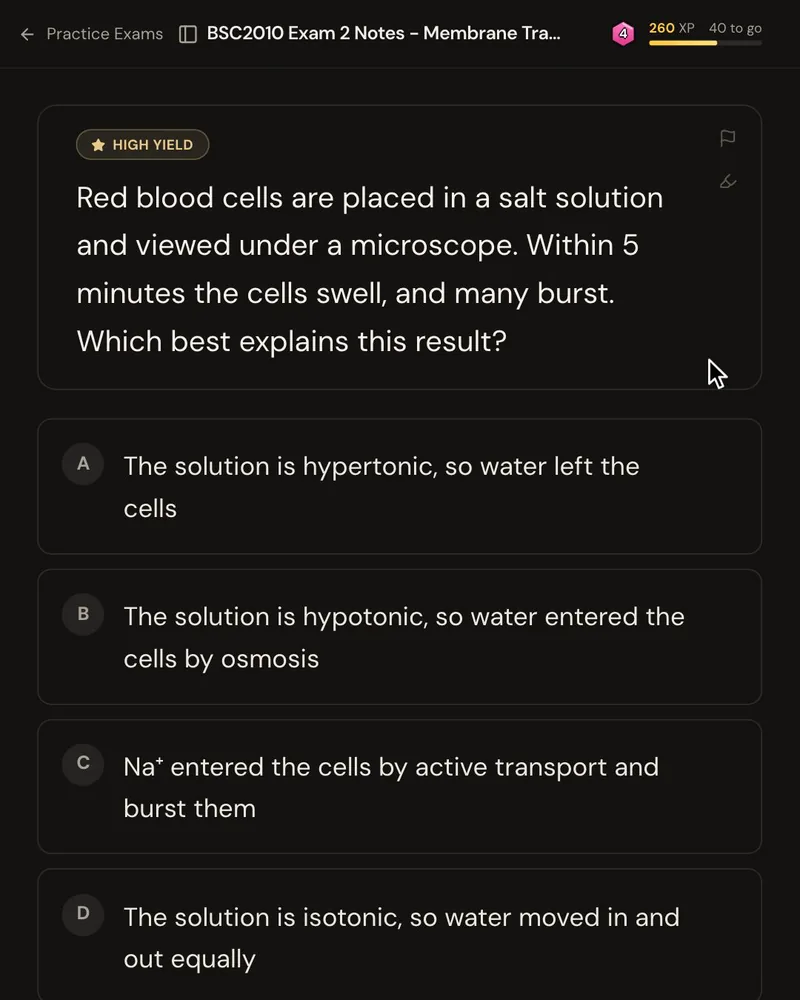 An exam-style question about red blood cells that swell and burst in a salt solution, with five answer options