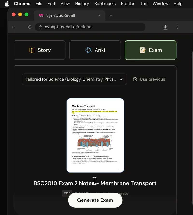 The upload page tailored for Biology, with a lecture PDF dropped in and the Exam selected