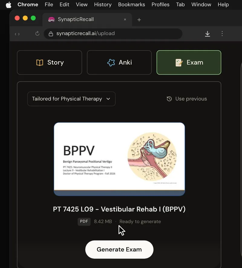 The upload page tailored for Physical Therapy, with a lecture PDF dropped in and the Exam selected