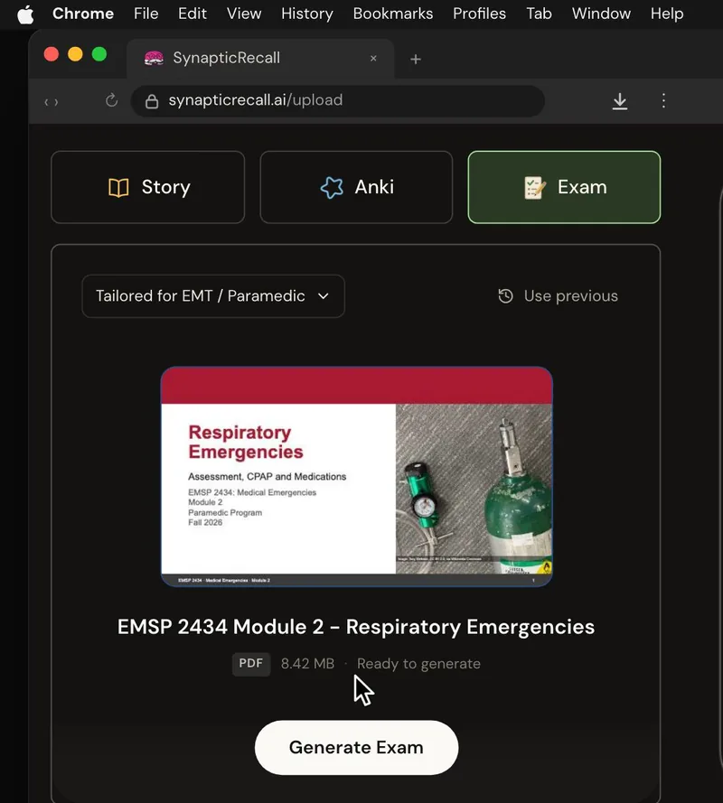 The upload page tailored for EMT / Paramedic, with a lecture PDF dropped in and the Exam selected
