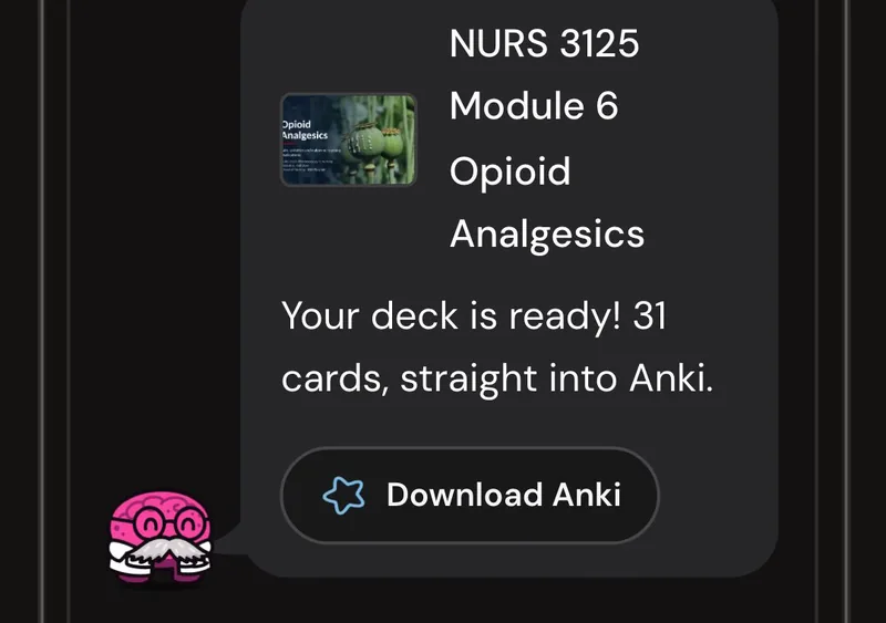 Dr. Synapse reporting a 31-card deck ready from one lecture, with a Download Anki button