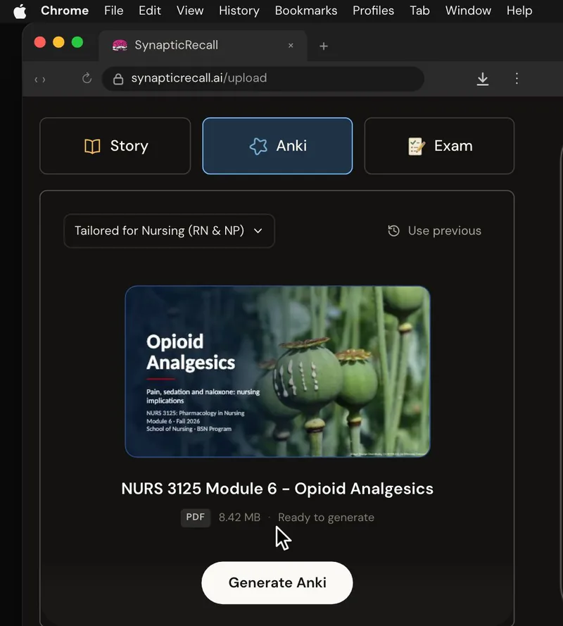 The upload page tailored for Nursing Pharmacology, with a lecture PDF dropped in and the Anki deck selected
