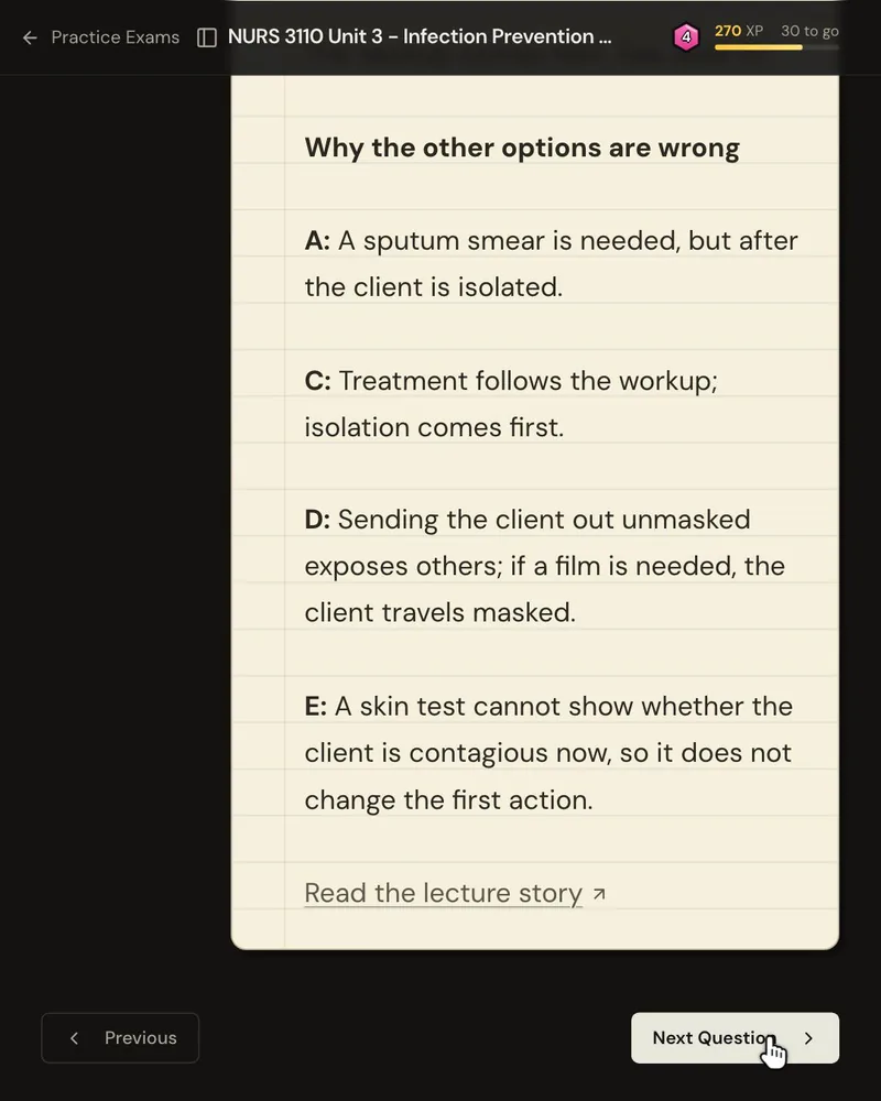 The explanation’s “Why the other options are wrong” list, one reason for each wrong option