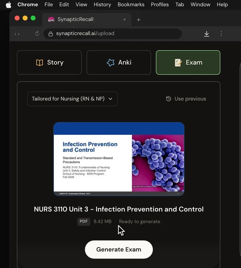 The upload page tailored for Nursing, with a lecture PDF dropped in and the Exam selected