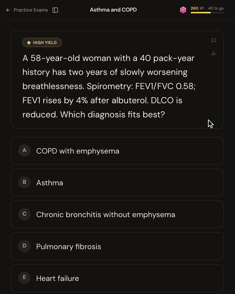 A question about a long-term smoker with spirometry and a low DLCO, with five answer options