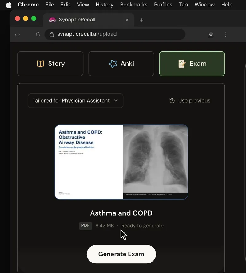 The upload page tailored for Physician Assistant, with a lecture PDF dropped in and the Exam selected