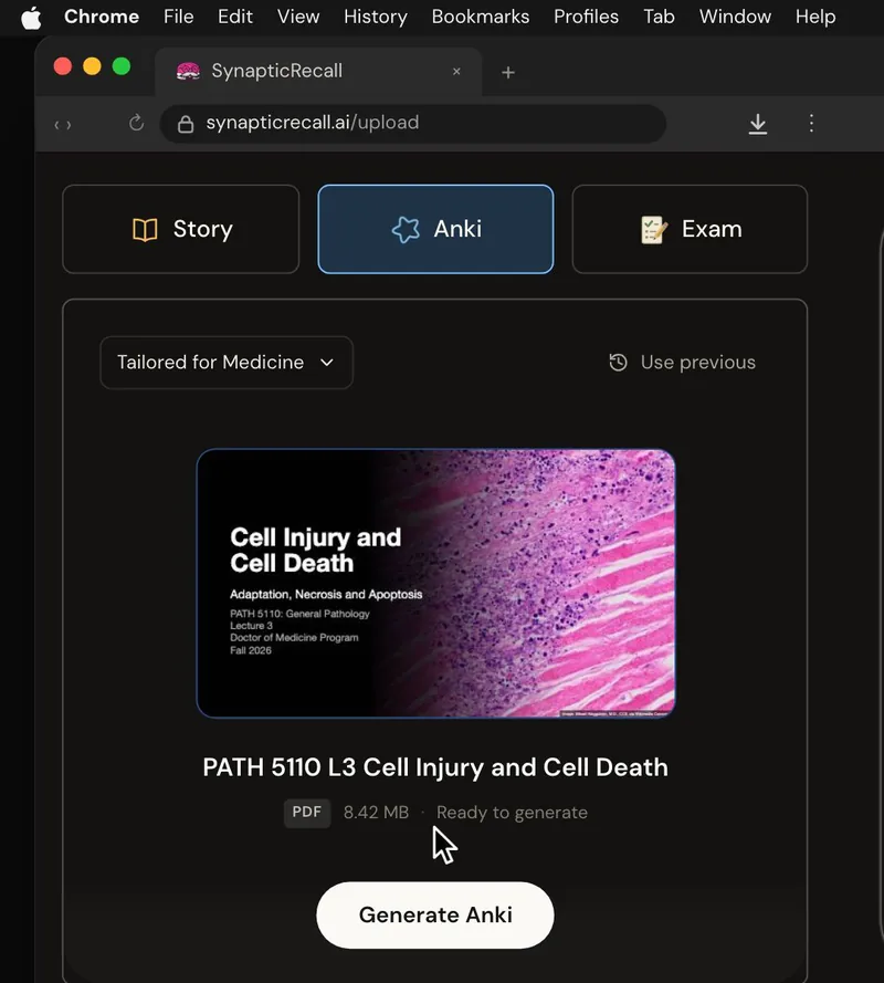 The upload page tailored for Pathology, with a lecture PDF dropped in and the Anki deck selected