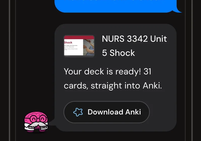 Dr. Synapse reporting a 31-card deck ready from one lecture, with a Download Anki button