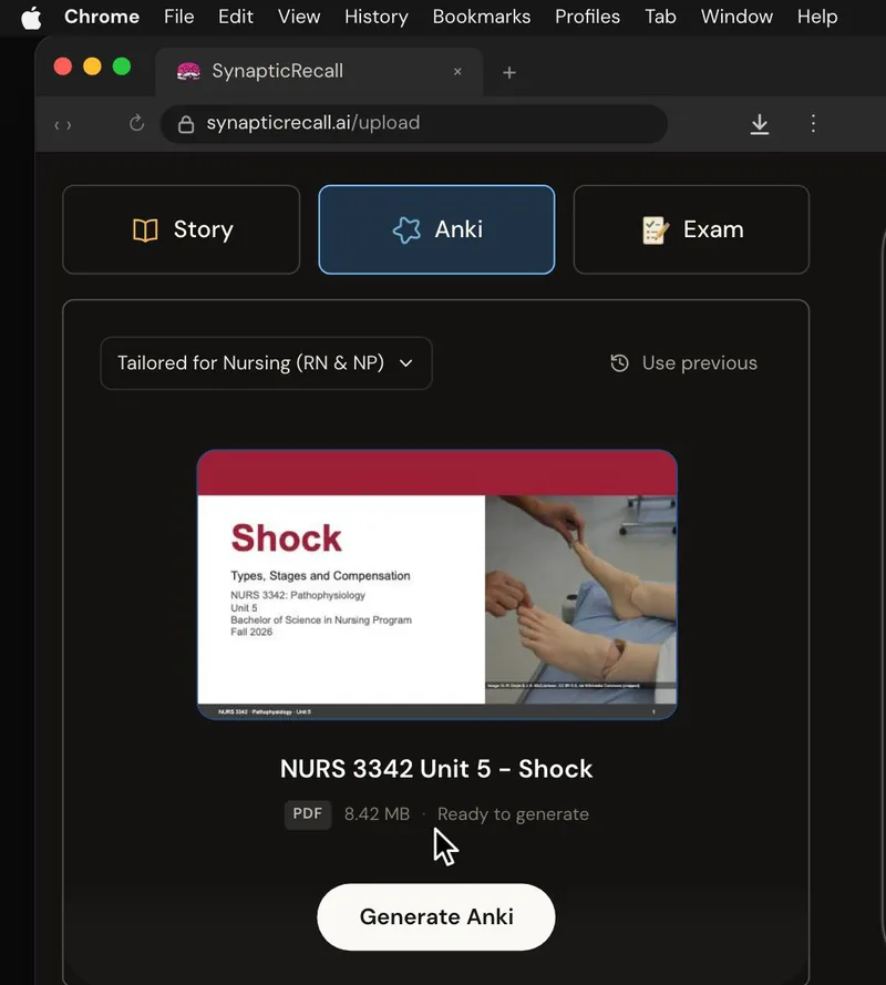 The upload page tailored for Nursing, with a lecture PDF dropped in and the Anki deck selected