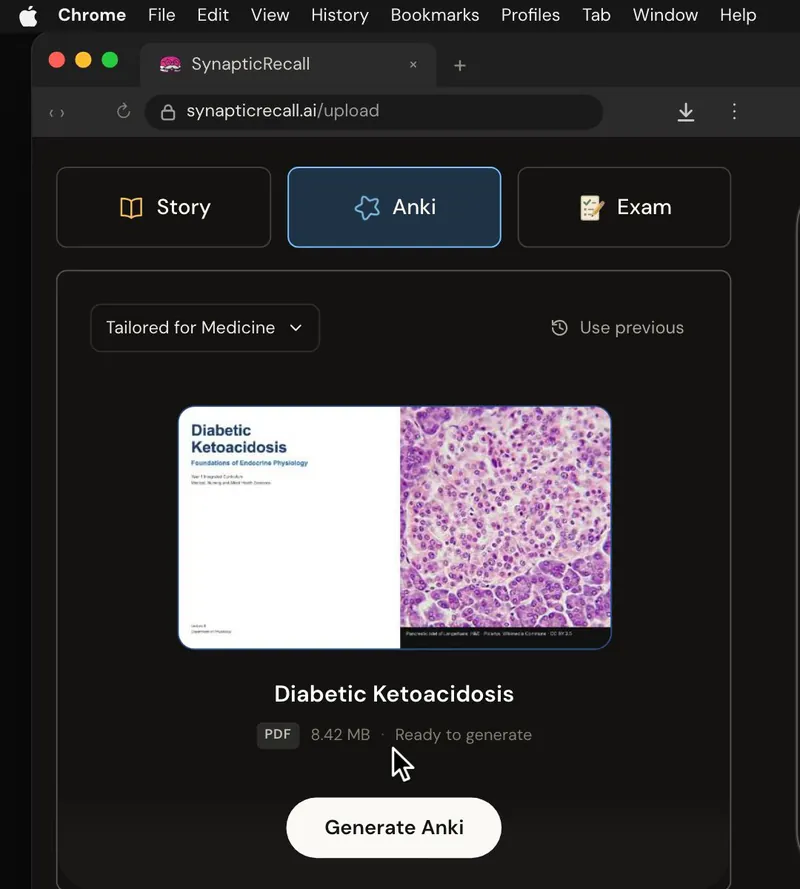 The upload page tailored for Medicine, with a lecture PDF dropped in and the Anki deck selected