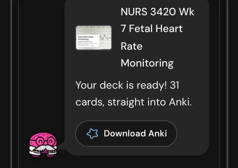 Dr. Synapse reporting a 31-card deck ready from one lecture, with a Download Anki button