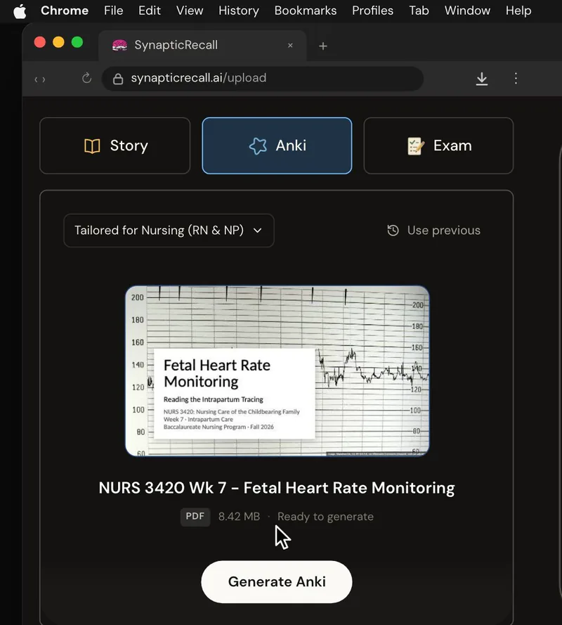 The upload page tailored for Maternal-Newborn Nursing, with a lecture PDF dropped in and the Anki deck selected