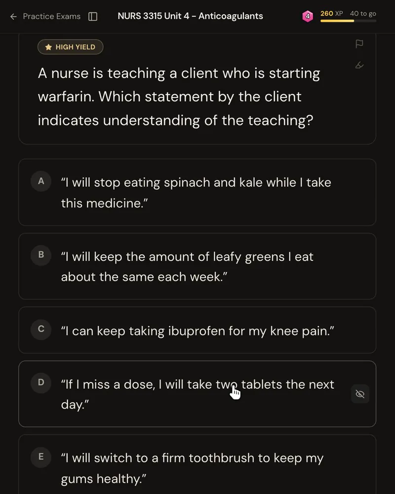 An NCLEX-style question from a nursing pharmacology lecture PDF: a nurse teaches a client who is starting warfarin, and the question asks which statement by the client shows understanding, with five answer options