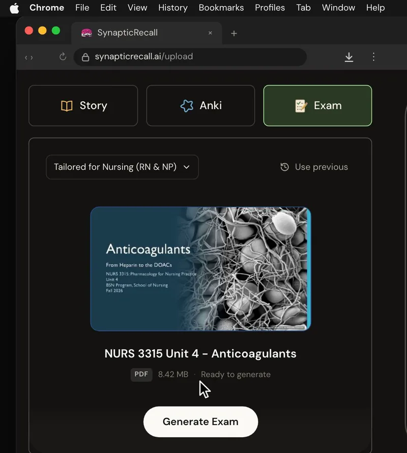 The upload page tailored for Nursing, with a lecture PDF dropped in and the Exam selected