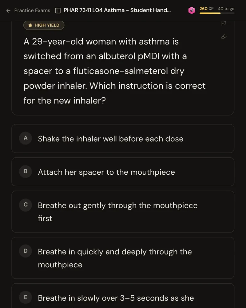 A NAPLEX-style question from an asthma pharmacotherapy lecture PDF: a patient switching from an albuterol pMDI to a fluticasone-salmeterol dry powder inhaler, and which instruction is correct for the new inhaler, with five answer options