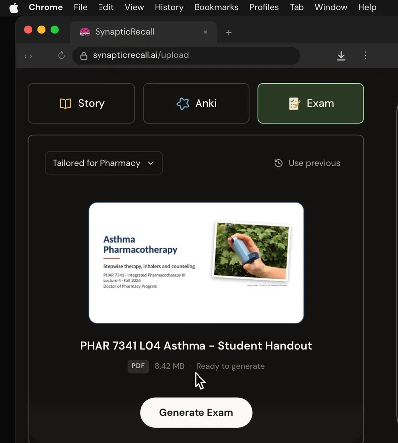 The upload page tailored for Pharmacy, with a lecture PDF dropped in and the Exam selected
