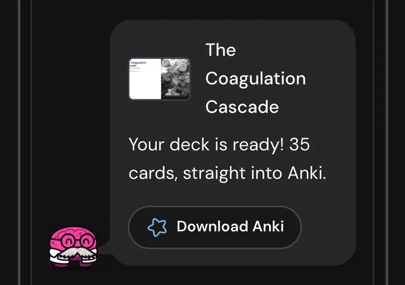 Dr. Synapse reporting a 35-card deck ready from one lecture, with a Download Anki button