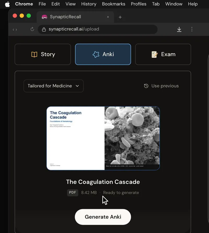 The upload page tailored for Medicine, with a lecture PDF dropped in and the Anki deck selected