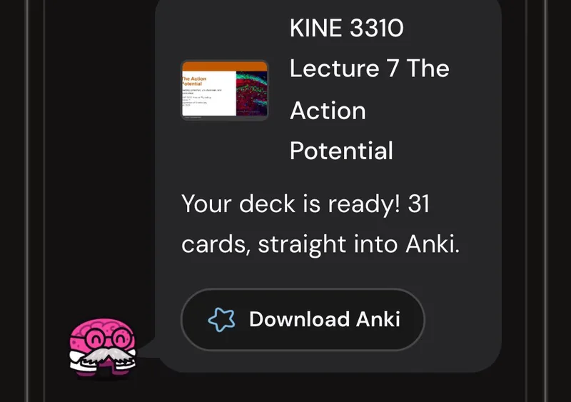 Dr. Synapse reporting a 31-card deck ready from one lecture, with a Download Anki button
