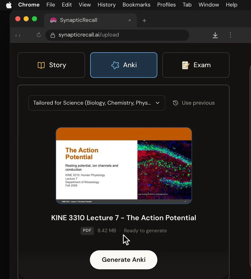 The upload page tailored for Physiology, with a lecture PDF dropped in and the Anki deck selected