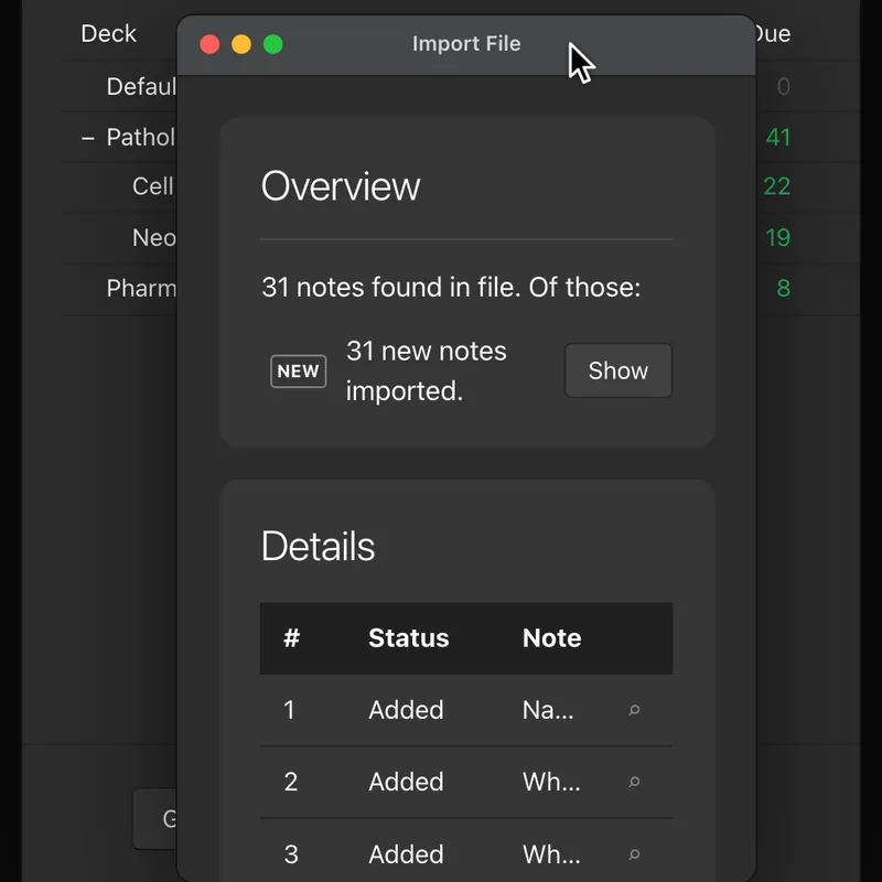 Anki’s Import File window: 31 new notes imported from the deck