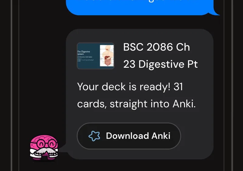 Dr. Synapse reporting a 31-card deck ready from one lecture, with a Download Anki button