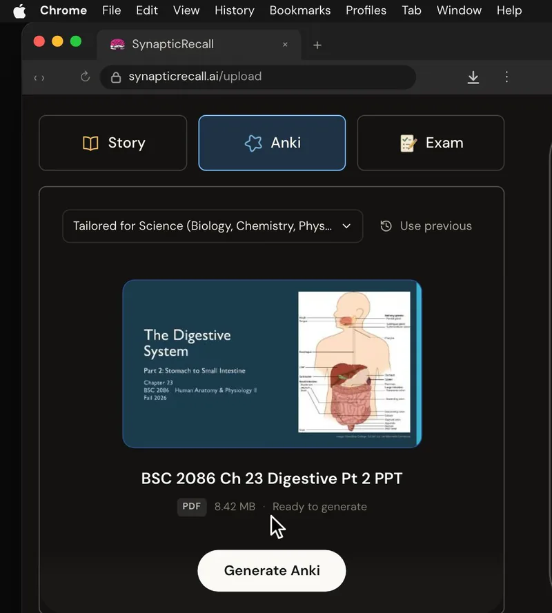 The upload page tailored for Human Anatomy & Physiology, with a lecture PDF dropped in and the Anki deck selected