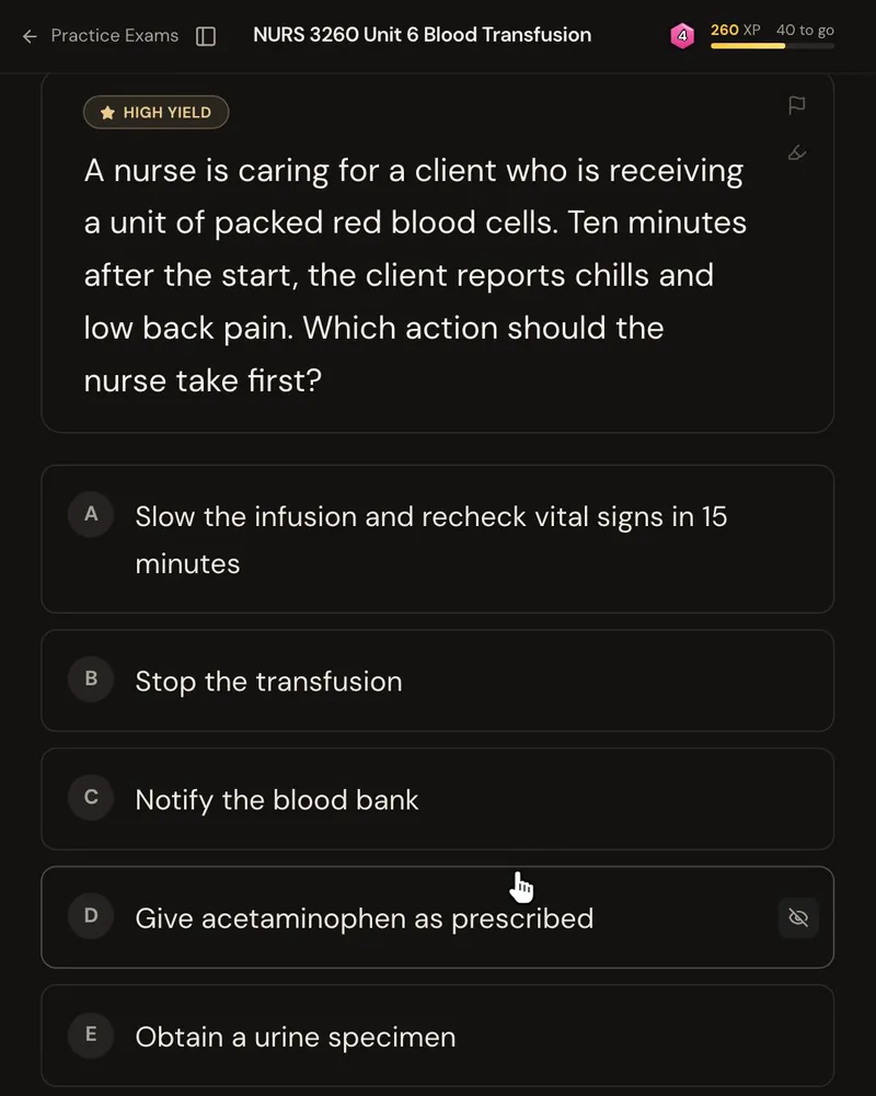 An NCLEX-style question from a Med-Surg nursing PowerPoint: ten minutes into a unit of packed red blood cells, a client reports chills and low back pain, and the question asks which action the nurse should take first, with five answer options
