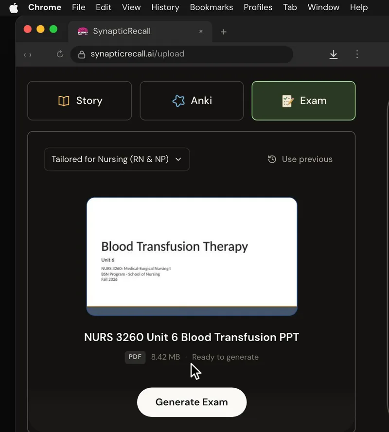 The upload page tailored for Nursing, with a lecture PDF dropped in and the Exam selected