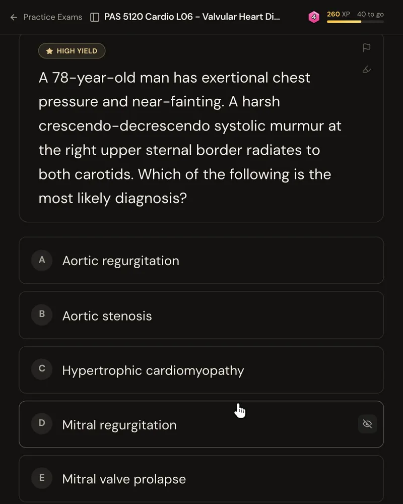 A PANCE-style question from a PA program cardiology lecture: a 78-year-old man with exertional chest pressure and near-fainting has a harsh crescendo-decrescendo systolic murmur at the right upper sternal border that radiates to both carotids, asking for the most likely diagnosis, with five answer options