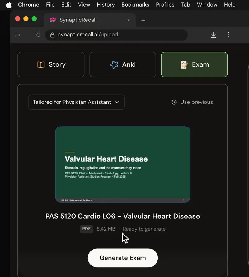 The upload page tailored for Physician Assistant, with a lecture PDF dropped in and the Exam selected