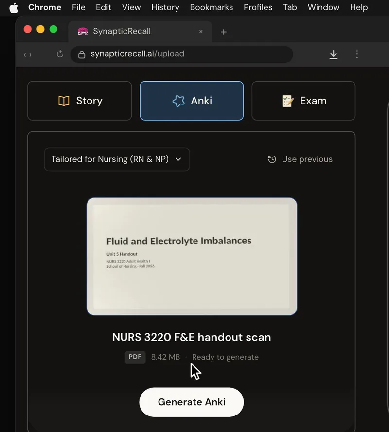 The upload page tailored for Nursing, with a lecture PDF dropped in and the Anki deck selected