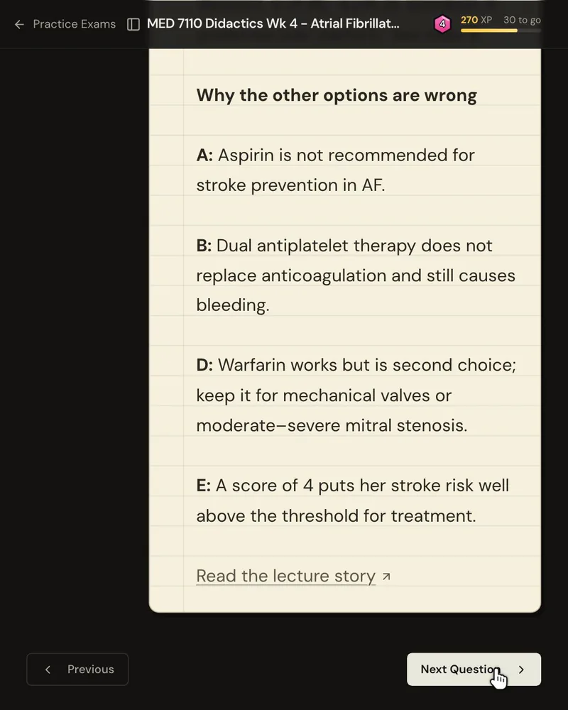 The explanation’s “Why the other options are wrong” list, one reason for each wrong option
