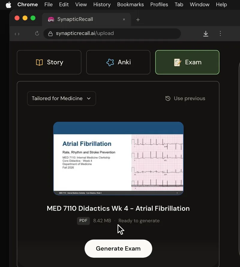 The upload page tailored for Medicine, with a lecture PDF dropped in and the Exam selected