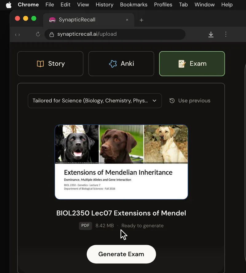 The upload page tailored for Science, with a lecture PDF dropped in and the Exam selected