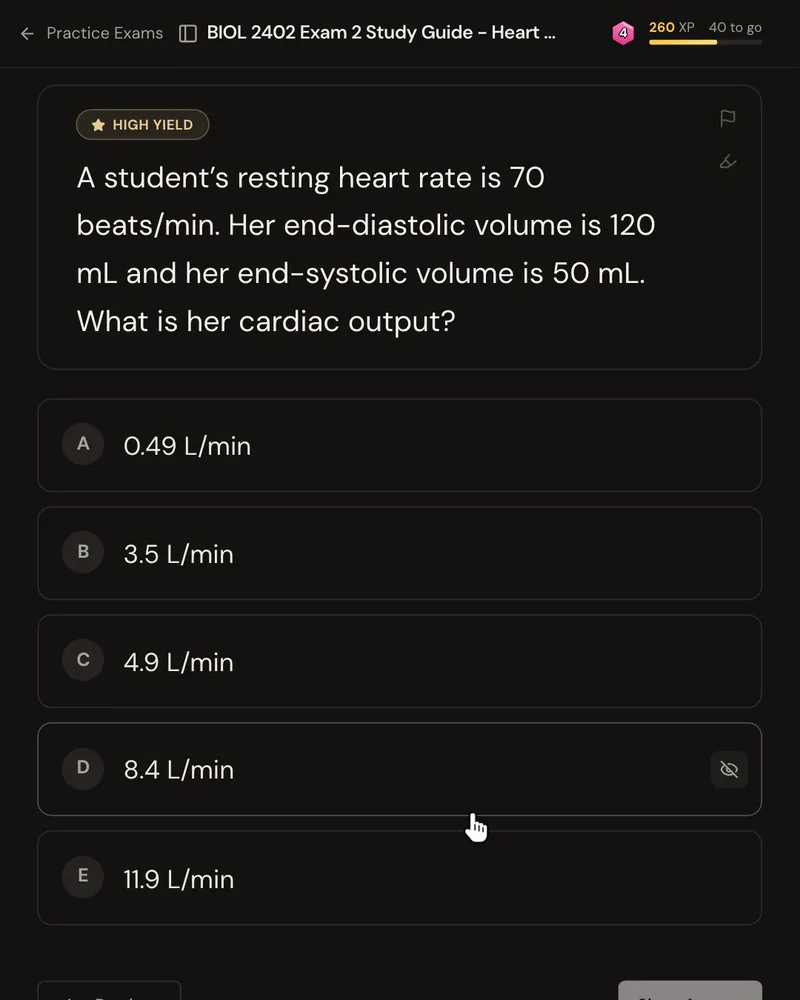 An exam-style question from an A&P study guide: a student with a resting heart rate of 70 beats/min, an end-diastolic volume of 120 mL and an end-systolic volume of 50 mL, asking for her cardiac output, with five answer options