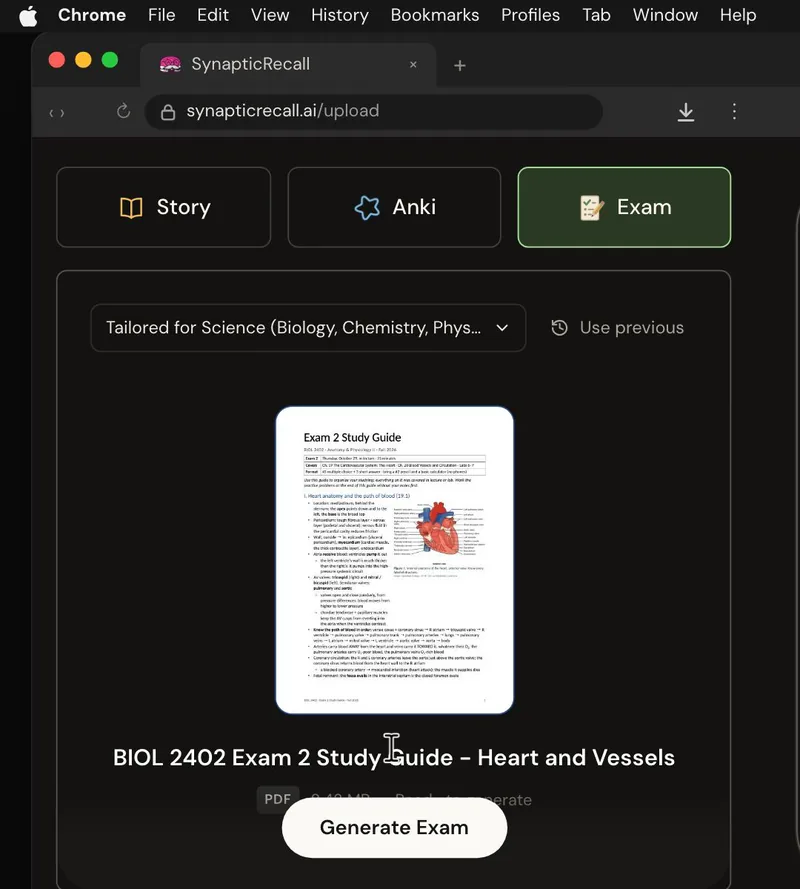 The upload page tailored for Science, with a lecture PDF dropped in and the Exam selected